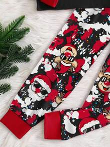 1 套青少年男孩圣诞老人和鹿印花舒适圆领长袖上衣和裤子睡衣套装，节日礼物 - 紅色 - 查看 4
