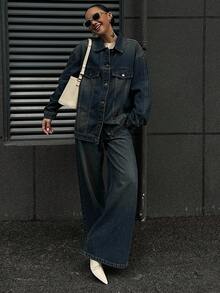 DAZY Women's Loose Denim Jacket With Collar And Straight-Leg Denim Pants Casual Denim Set - Medium Wash - View 6