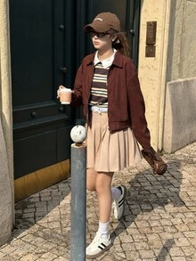 1pc Teen GirlMetal Zipper Collar Long Sleeve Lightweight Jacket, Casual Versatile For Outings, School And More