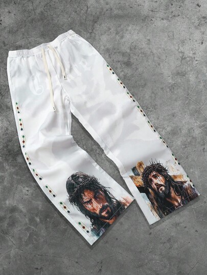 Street Life Men Street Graphic Print Religious Figure Drawstring Elastic Waist Casual Pants, Suitable For Spring/Summer, Fall