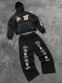 ROMWE MEN Street Life 2pcs Men Street Graphic Print Hoodie And Sweatpants Set, Suitable For Everyday Wear, Spring/Summer