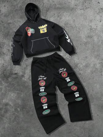 Street Life 2 piezas Conjunto de sudadera con capucha y pantalón de chándal con estampado gráfico para hombre, adecuado para uso diario, primavera/verano