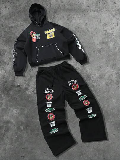 Street Life 2pcs Men Street Graphic Print Hoodie And Sweatpants Set, Suitable For Everyday Wear, Spring/Summer