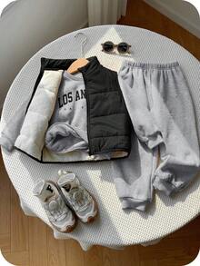 SHEIN 3 件套年轻男童休闲舒适百搭厚夹克外套、连帽衫和长裤运动服套装，返校 - 黑色 - 查看 3