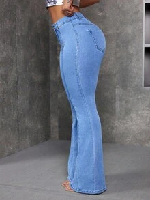 SHEIN ICON Plus Size Women's Fashionable Casual Washed Flare Pants - Light Wash - View 5
