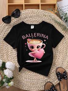 Sparklyn 年轻女孩字母和卡通图案圆领短袖T恤 - 黑色 - 查看 3