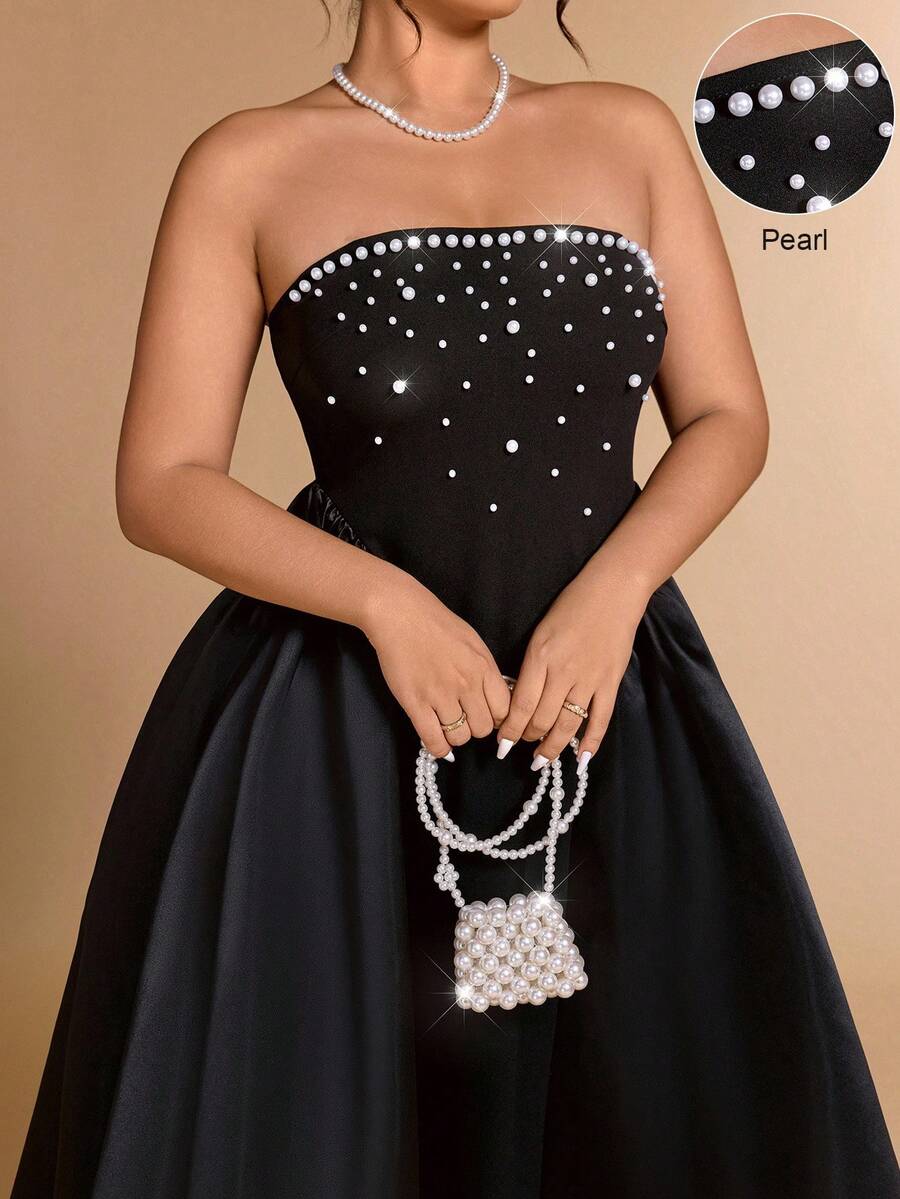 Cravure 大码优雅派对串珠装饰露肩连衣裙 - 黑色 - 查看 1