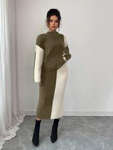 Selianne 女款 Aniusta 配色拼接復古圓領毛衣上衣與裙子套裝，優雅米色秋季穿搭，適合早午餐、度假、音樂會，冬季百搭 - 彩色 - 查看 4