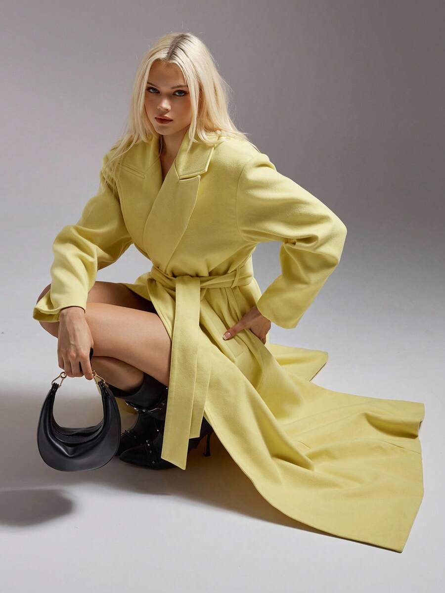 SHEIN ICON Women's Long Mustard Yellow Overcoat, Minimalist Design For Commuting And Casual Wear, Autumn/Winter - Yellow - View 1