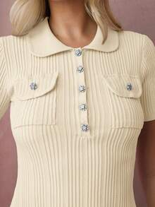 Enchnt Women's Solid Color Polo Collar Short Sleeve Casual Knit Dress - Apricot - View 7