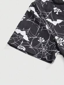 ROMWE Gothic Skull, Bat, Spider Web Print Shirt & Shorts Pajama Set - Black - View 4