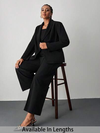 SHEIN Tall CURVE Plus Size Women Solid Color Shawl Collar Long Sleeve Jacket And Pants Casual Commuter Suit Set/Winter