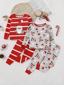 SHEIN Set de lenjerie de casă tricotată cu 4 buc. pentru bebeluși, model drăguț de desene animate, Crăciun, cu mânecă lungă