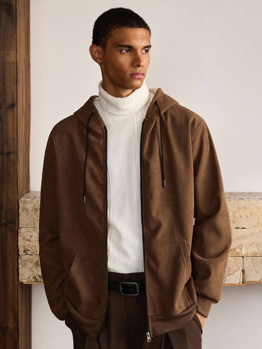 SWAVVY 男士休闲百搭连帽保暖内衬夹克，秋冬 - 棕色 - 查看 1