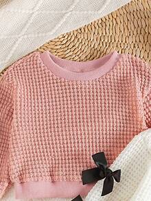 SHEIN Playful Pals New Fashion, Simple And Sweet Imitation Sweater Fabric Bow Decorative Round Neck Long-Sleeved Pullover, Suitable For Spring And Autumn, Daily Outfits, Must-Have When Fall Winter - Multicolor - View 7