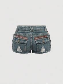 ROMWE J-Fashion Quần short denim cạp thấp họa tiết da báo Y2K Gyaru Vintage dành cho nữ - Rửa nhẹ - Xem 2