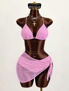 Zestiva 3pcs/Set Solid Color Textured Bikini Swimsuit For Beach Vacation For Summer