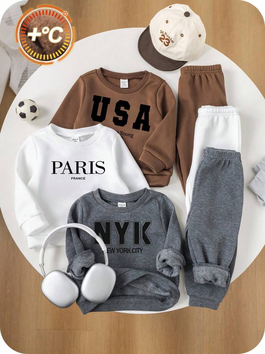SHEIN 6 件套男婴休闲运动服，可爱针织羊毛字母印花长袖运动衫和松紧腰长裤，基本款连帽运动服套装，秋冬 - 彩色 - 查看 1