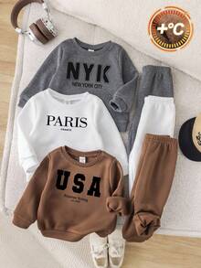 SHEIN 6 件套男婴休闲运动服，可爱针织羊毛字母印花长袖运动衫和松紧腰长裤，基本款连帽运动服套装，秋冬 - 彩色 - 查看 3