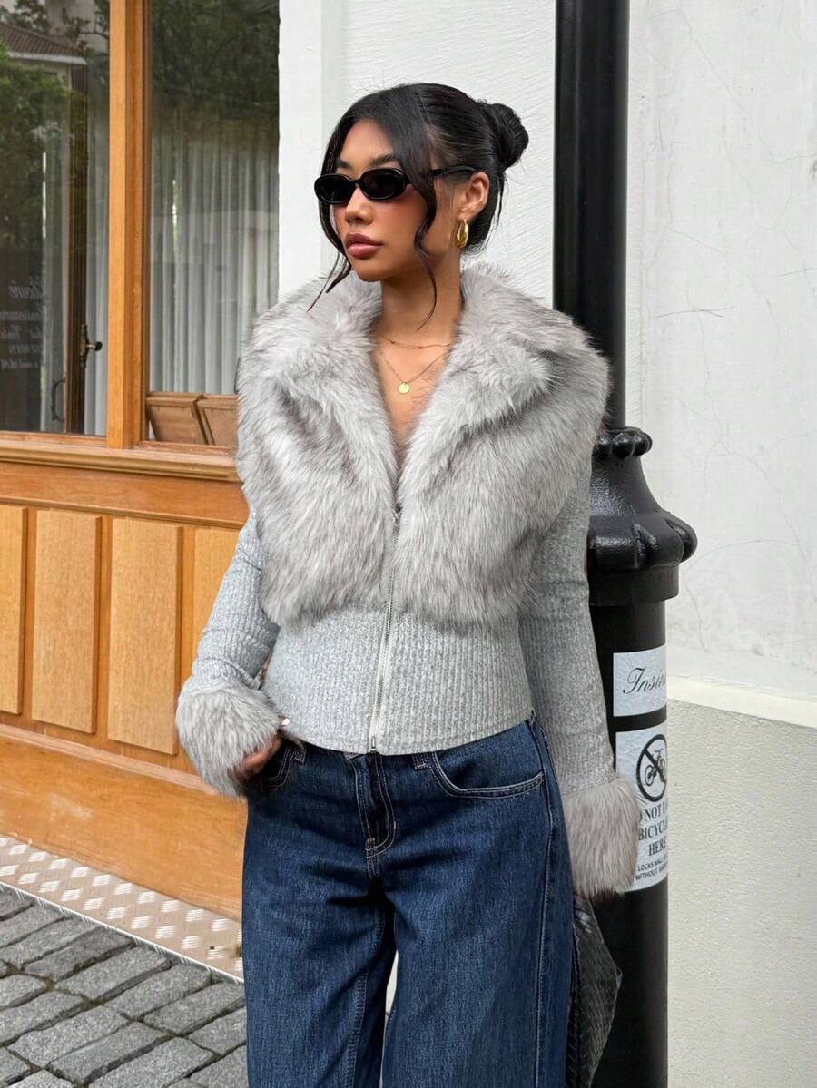 Muchica Women's Fashionable Street Style Faux Fur Zip-Up Long Sleeve Jacket, Light Grey Autumn Winter Clothes For Women - Light Grey - View 1