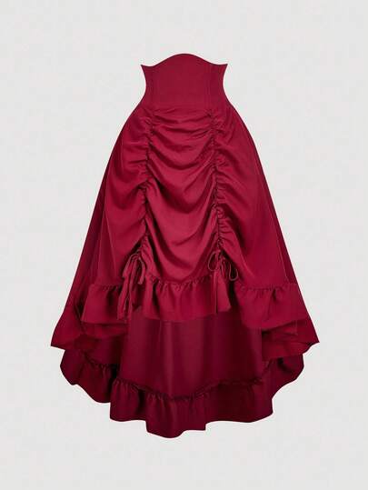 SHEIN MOD Plus Size High Waist Asymmetrical Hem Skirt, High Waist Waistband, Pleated Front Hem, Adjustable Length, Ruffle Hem, Reversible Design, Gathered Back Waist, Black, Vintage, Retro, Maroon Skirt, Burgundy Skirt, Wine Red Skirt, Dark Red Skirt, Ruffle Skirt,Christmas Skirt