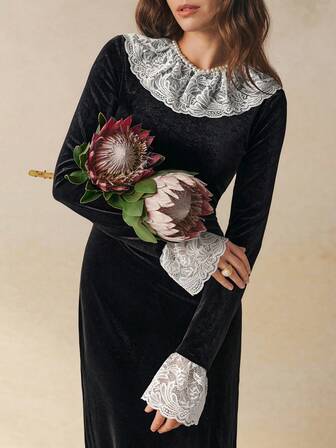 Cévolie Dam Höst/Vinter Ny Fransk Retro Svart Långärmad Sammet Elegant Spets Patchwork Rygglös Midja Midiklänning