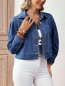 EMERY ROSE Women's Autumn Raglan Sleeve Single-Breasted Pleated Design Casual Denim Jacket Winter New Year - Blue - View 5