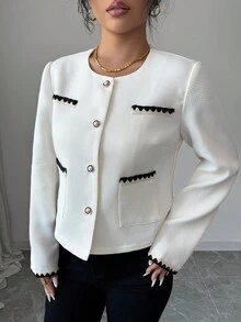 SHEIN Elenzya Elegante chaqueta de mujer tipo cárdigan con cuello redondo, tela texturizada, cinta, bolsillo y decoración de botones