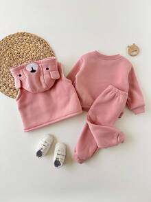 3 pièces Ensemble de vêtements pour bébé fille avec capuche, motif de dessin animé mignon, pantalon à taille élastique et gilet à capuche, automne/hiver - Rose bonbon - Voir 2
