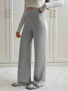 SHEIN Tall Pantalones anchos de pierna ancha con cintura plegable de unicolor para mujer, pantalones de chándal casuales a juego para otoño e invierno - Gris - Ver 3