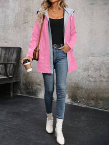 EMERY ROSE 拼色保暖内衬连帽口袋休闲长袖夹克 - 粉色 - 查看 5
