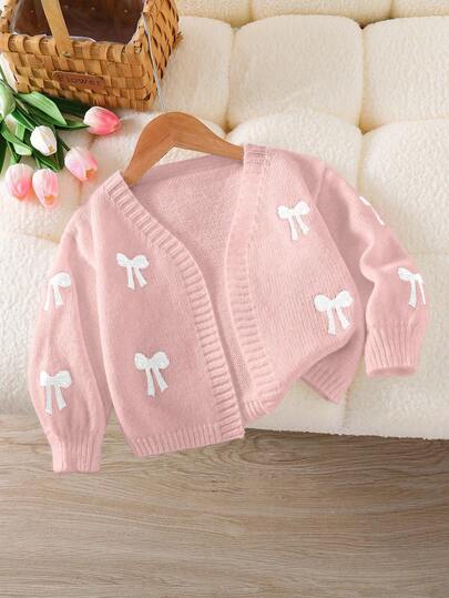 Souflis Souflis Söt kofta med rosettbroderi för unga flickor, V-ringad kofta med öppen framsida, lätt kofta för skola och helgutflykter, söt vår/höst