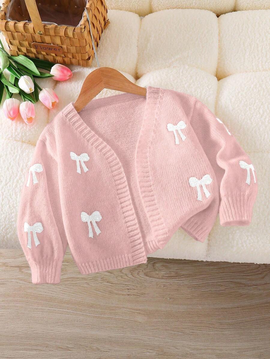 Souflis Souflis Young Girl 1 Piece Sweet Bow-Embroidered Cardigan, V-Neck Open Front Cardigan, Lightweight Cardigan For School & Weekend Outings, Spring/Fall Cute
