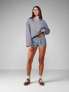 MISSGUIDED Casual Striped Co Ord Set Long Sleeve Knit Top With High Rise Cycling Shorts For Women Autumn Streetwear Winter Loungewear