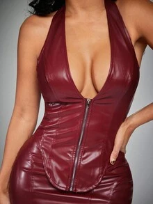 Radiana Women's Sexy Burgundy Glossy PU 2-Piece Outfit - Halter Zip-Up Crop Top & Bodycon Mini Skirt, Stretchy PU Material Hugs Body, Suitable For Parties, Clubs, Festivals, Halloween, Holidays Red Leather Dress Red Wine Dress - Burgundy - View 4
