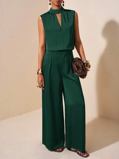 Zivah 2025 Spring/Summer New Music Festival, Easter, St. Patrick's Day, Western, Nomadic, Birthday Party, Graduation, College Style, Student Wear, Casual Everyday, Basic Versatile, Leisure, Cruise Travel, Beach, Sunbathing, Viral , Streetwear, Wedding Guest Boho, Commute, Brunch, Airport Outfit 2 Pieces Set: Satin-Faced Acetate Linen-Like Mock Neck Ruched Sleeveless Top And Suit Pants