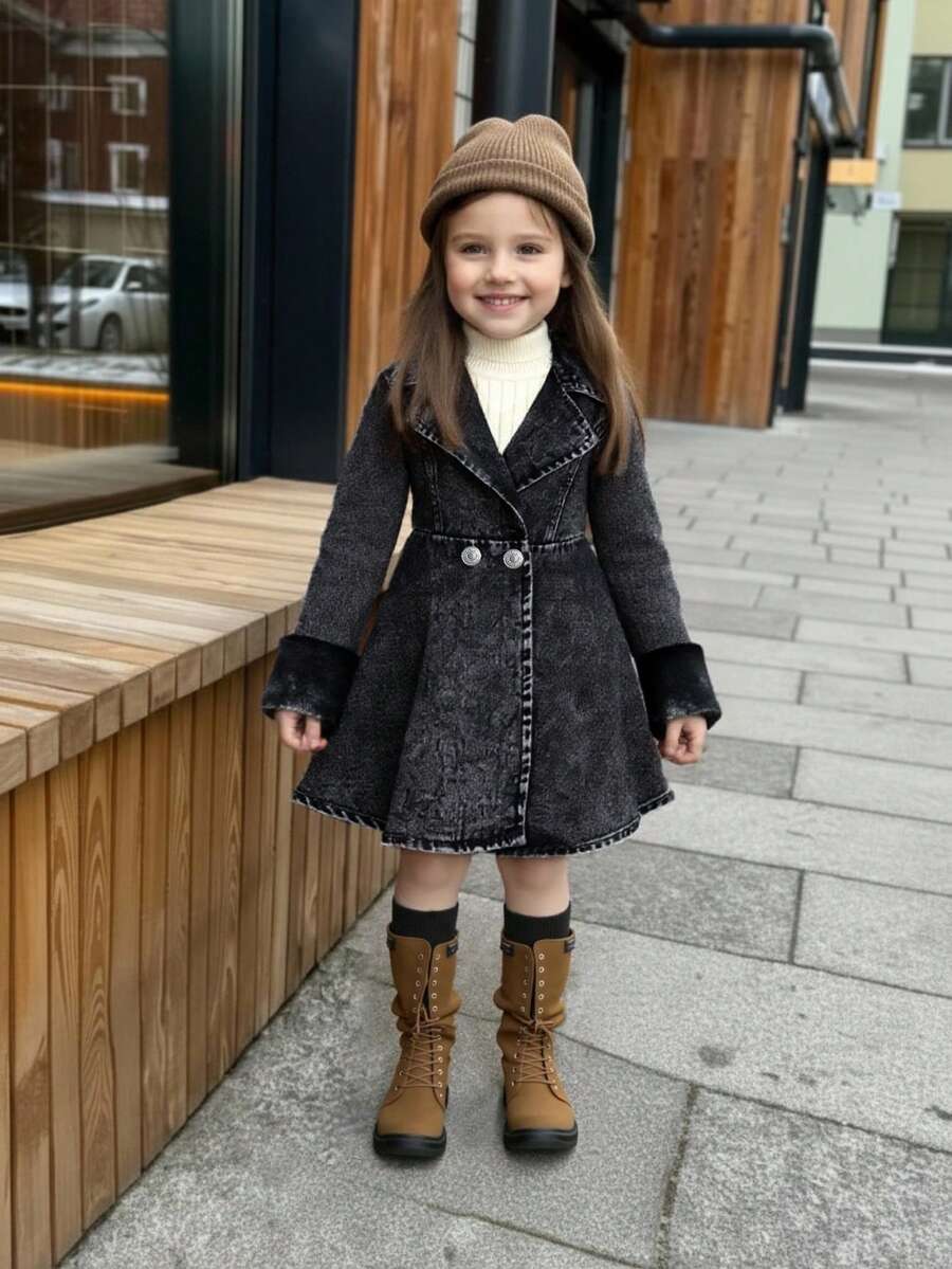 Elladie kids 少女款喇叭下摆长款及膝牛仔外套，水洗黑色牛仔布，复古时尚休闲度假风，百搭大翻领设计，秋冬款