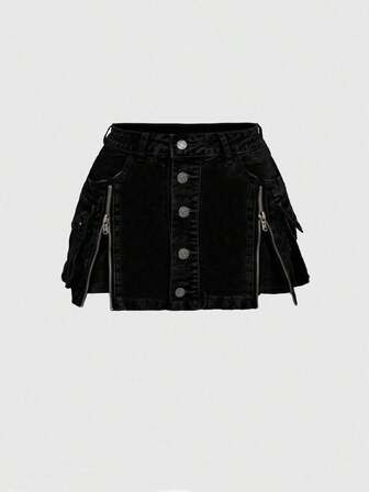 Kawaii Plus Size Y2K Style Distressed Zip-Up Low Waist Mini Denim Skirt