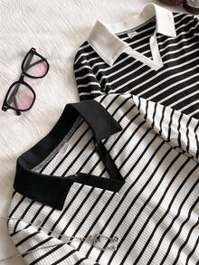 2 件套女童条纹 V 领长袖 T 恤，休闲日常穿着，秋季