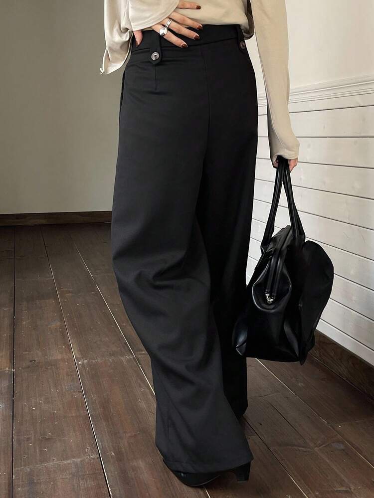 Women's Loose Wide Leg Pants With Pockets And Button Decoration, Casual Trousers For Spring And Autumn Business Attire