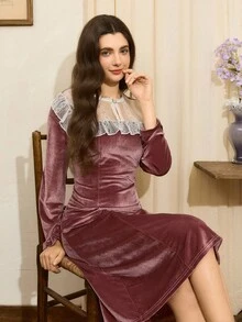 Côtesoire 女士浪漫优雅法式撞色蕾丝拼接天鹅绒长袖连衣裙，睡衣，冬季 - 藕粉色 - 查看 4