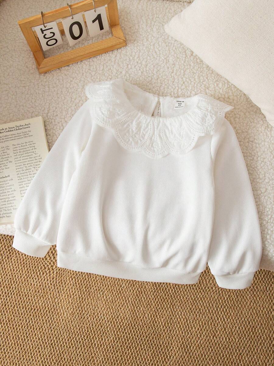 Genkimix Kids 少女心可爱甜美彼得潘领罗纹蓬松圆领套头衫 白色 适合秋冬日常穿着 - 白色 - 查看 1