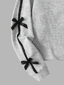 Sparklyn 少女运动服套装，白色数码印花和黑色蝴蝶结圆领运动衫，黑色紧身裤，舒适合身 - 灰色 - 查看 5