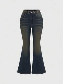 ROMWE Grunge Punk Y2K Sexy Punk Rock Metal Sequin Embellished Women Jeans - Blue - View 2