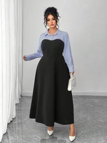 Elenzga 大码条纹拼接 A 字休闲办公装高低下摆束腰中长连衣裙，适合秋冬女士 - 黑色 - 查看 6