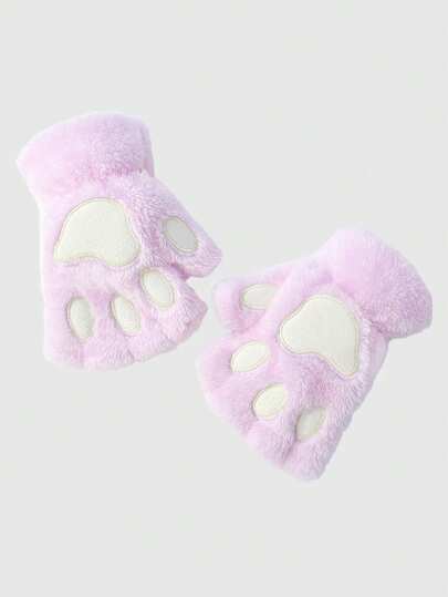 Kawaii 1 Pair Plush Cat Paw Fingerless Gloves, Suitable For Daily Wear