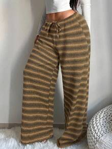 SHEIN SXY 女式舒适休闲简约低腰抽绳阔腿裤 - 棕色 - 查看 6