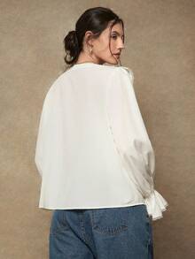 Freevana Plus Size Elegant Solid Color Ruffle Hem Long Sleeve Blouse, Suitable For Commuting, Autumn - White - View 5