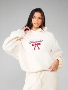 MISSGUIDED Oversized Fleece Hoodie With Bow Logo Embroidery Drawstring Winter Casual Loungewear Sweatshirt For Leisure Daily Comfort - Beige - View 6