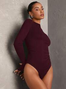 SHEIN BAE 女式黑色纯色舒适针织长袖简约褶皱修身紧身衣，百搭日常休闲穿着 - 紫紅色 - 查看 7